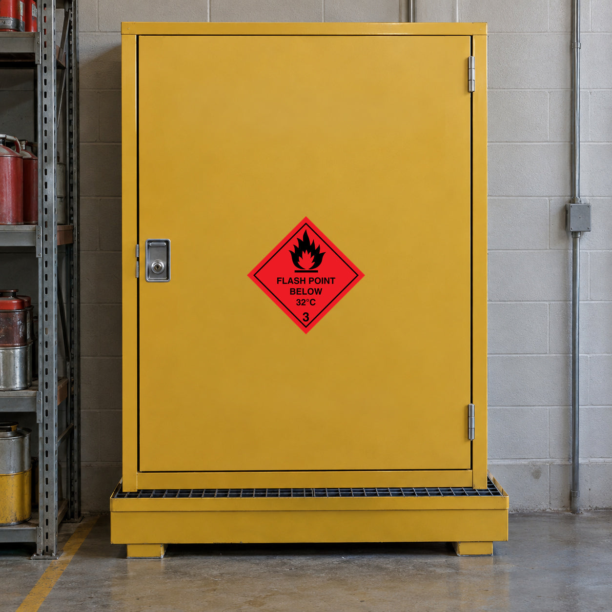 Hazardous safety sign sticker: red diamond flame with “Flash Point Below 32C”