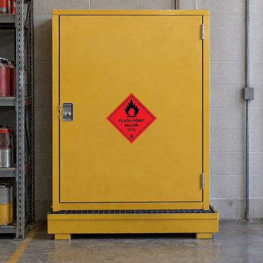 Hazardous safety sign sticker: red diamond flame with “Flash Point Below 32C”