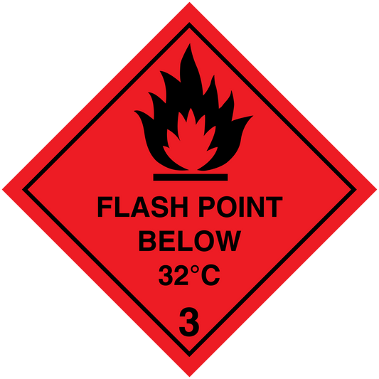 Red hazardous warning sign sticker: flame icon, “FLASH POINT BELOW 32°C”, hazard class 3