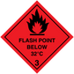 Red hazardous warning sign sticker: flame icon, “FLASH POINT BELOW 32°C”, hazard class 3