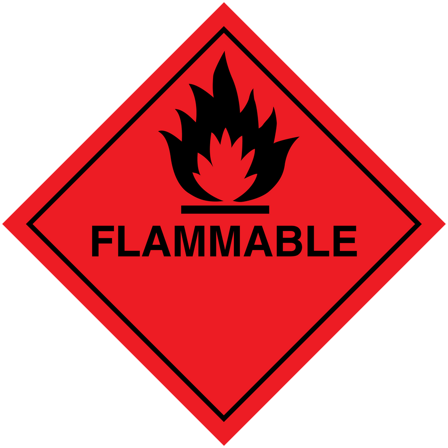 Flammable hazardous sign sticker, red diamond with flame icon and FLAMMABLE text
