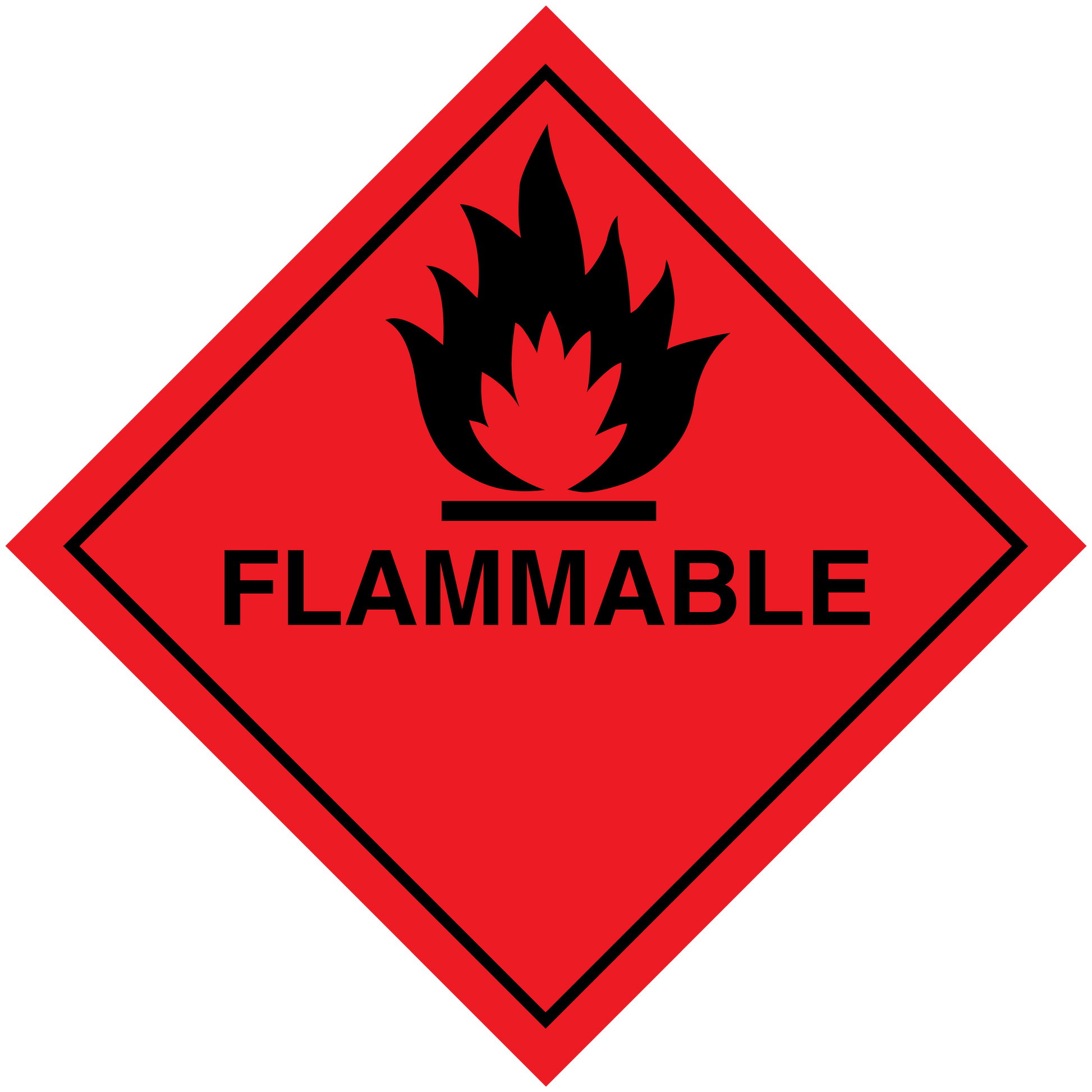 Flammable hazardous sign sticker, red diamond with flame icon and FLAMMABLE text