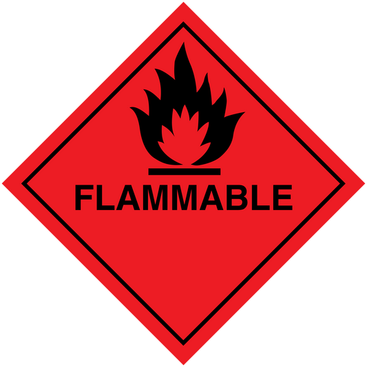 Flammable hazardous sign sticker, red diamond with flame icon and FLAMMABLE text