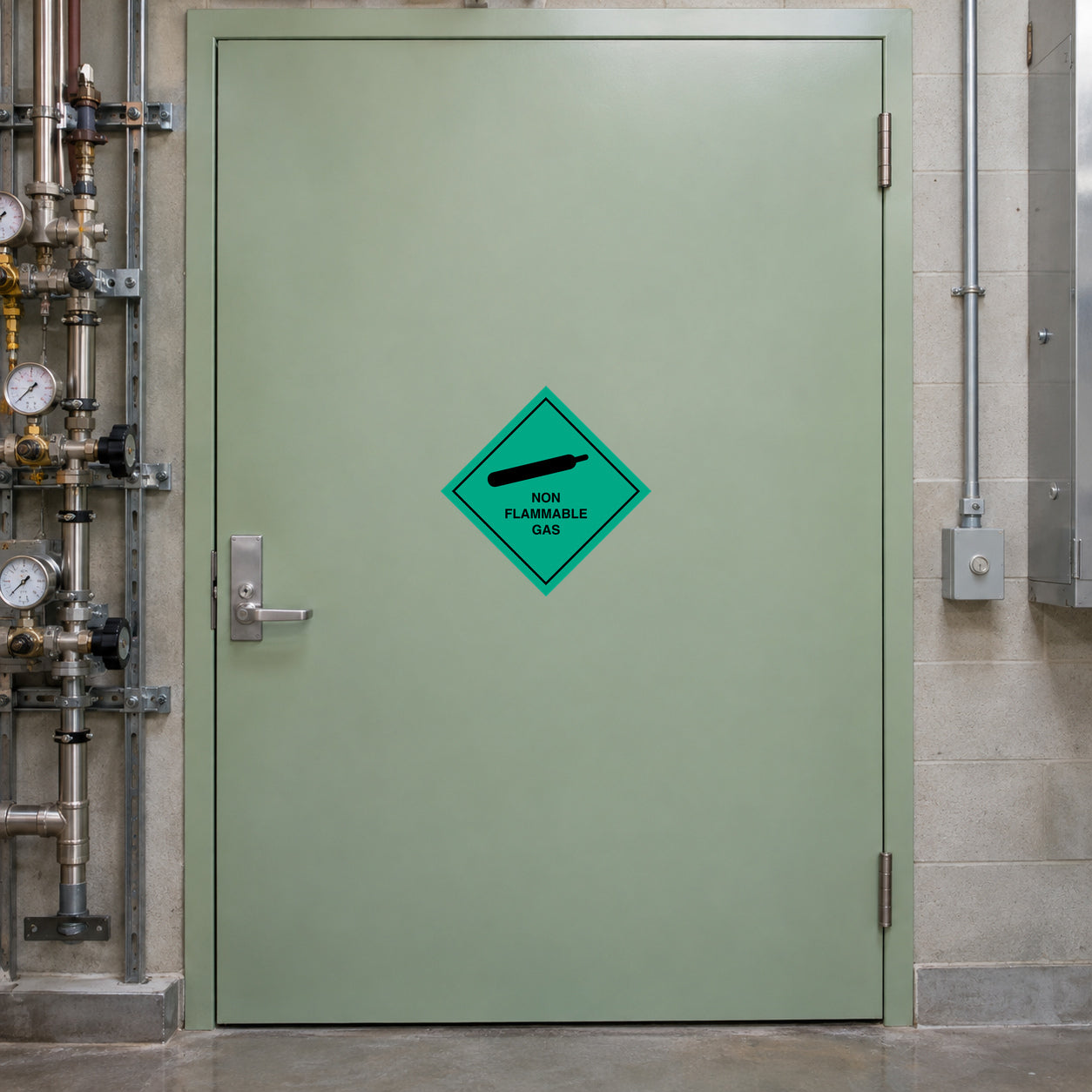 Non flammable gas safety sign sticker on green diamond hazard symbol