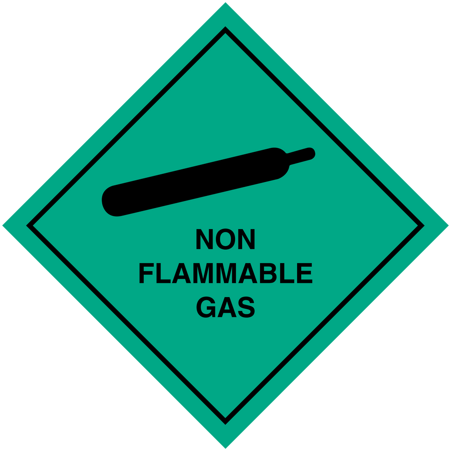 Non-flammable gas hazard sign sticker, green diamond with black border and bar symbol