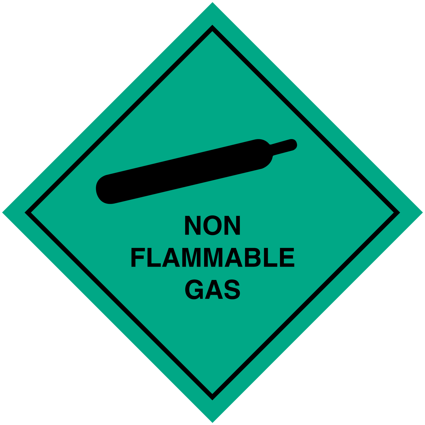 Non-flammable gas hazard sign sticker, green diamond with black border and bar symbol