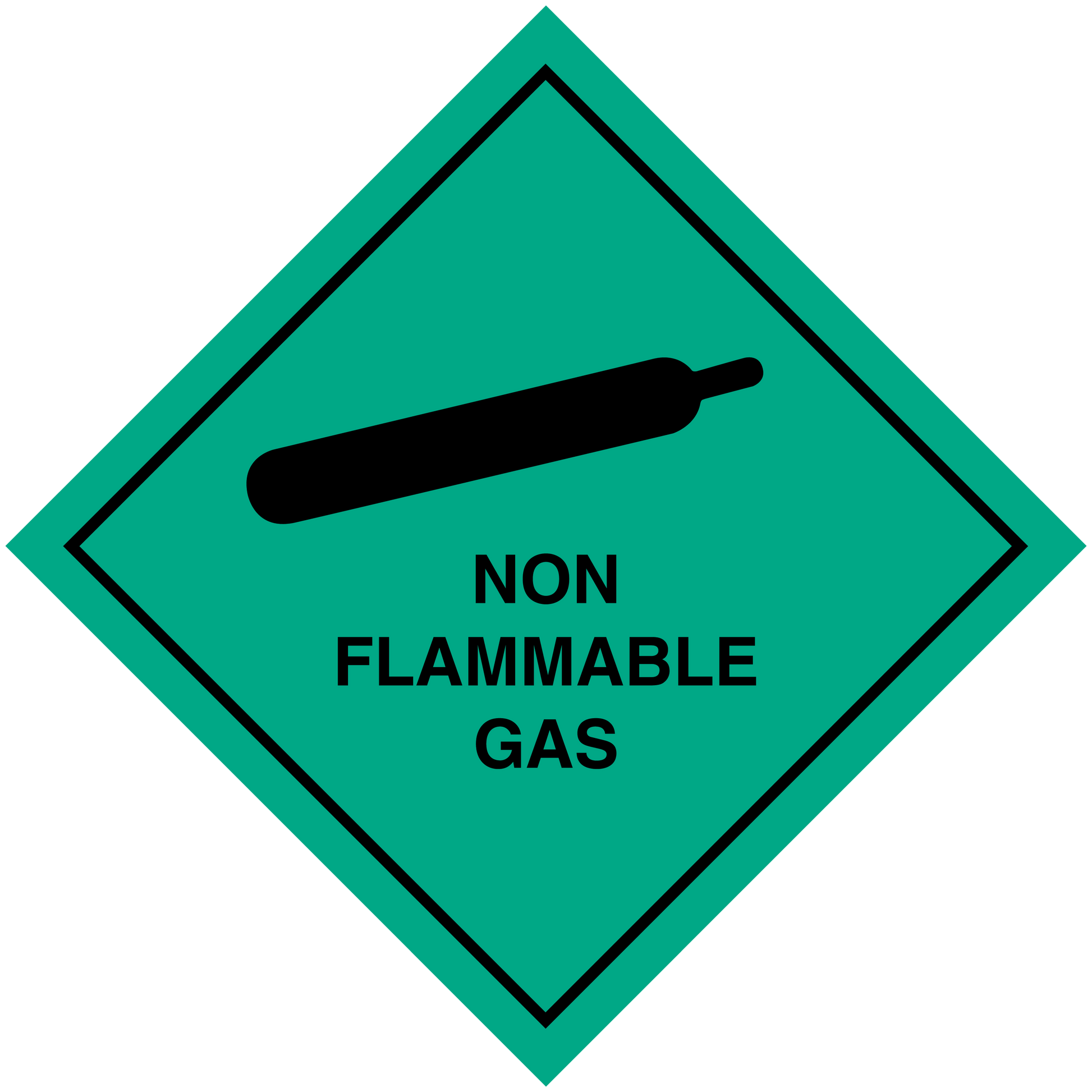 Non-flammable gas hazard sign sticker, green diamond with black border and bar symbol