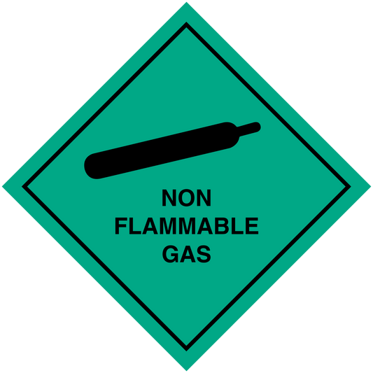 Non-flammable gas hazard sign sticker, green diamond with black border and bar symbol