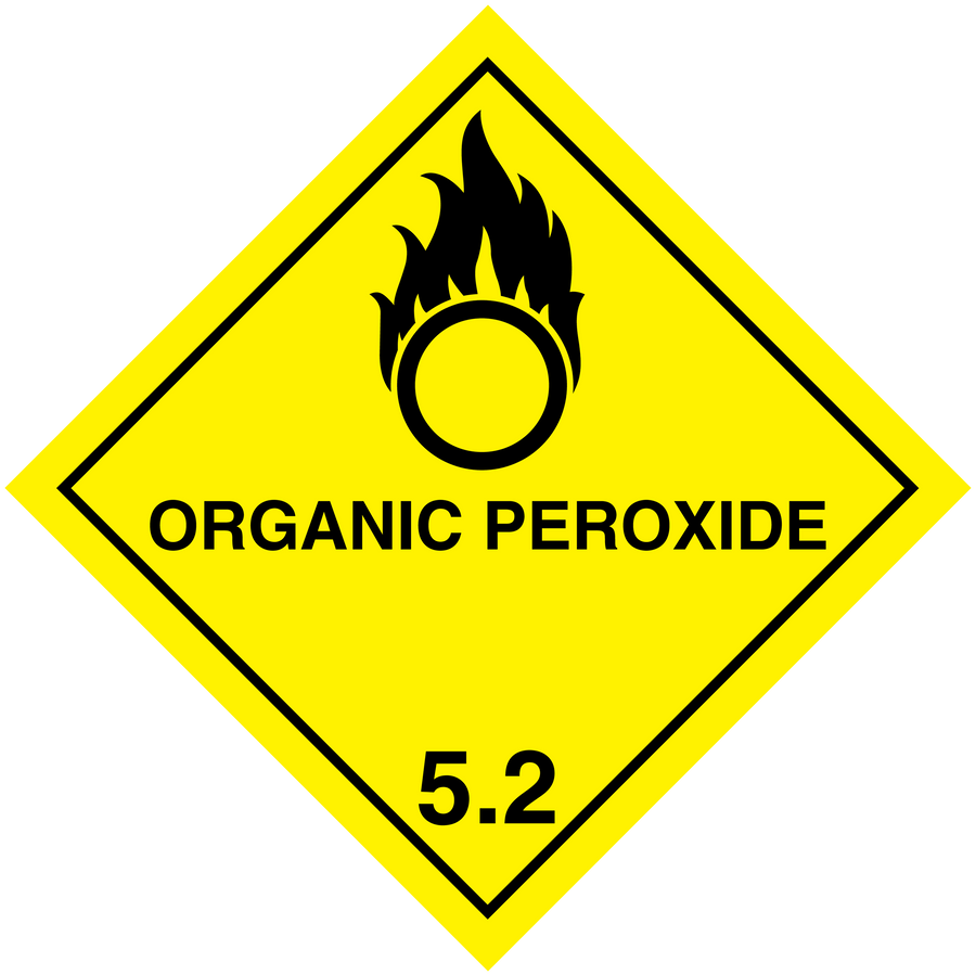 Organic peroxide hazardous safety sign sticker, yellow diamond with flame icon and 5.2 text