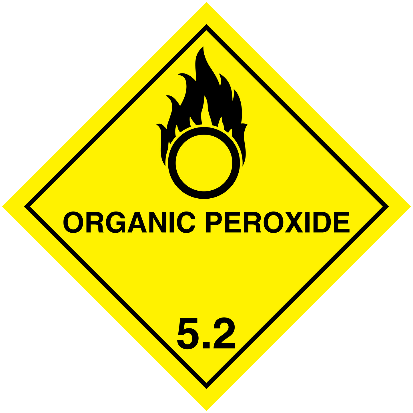 Organic peroxide hazardous safety sign sticker, yellow diamond with flame icon and 5.2 text
