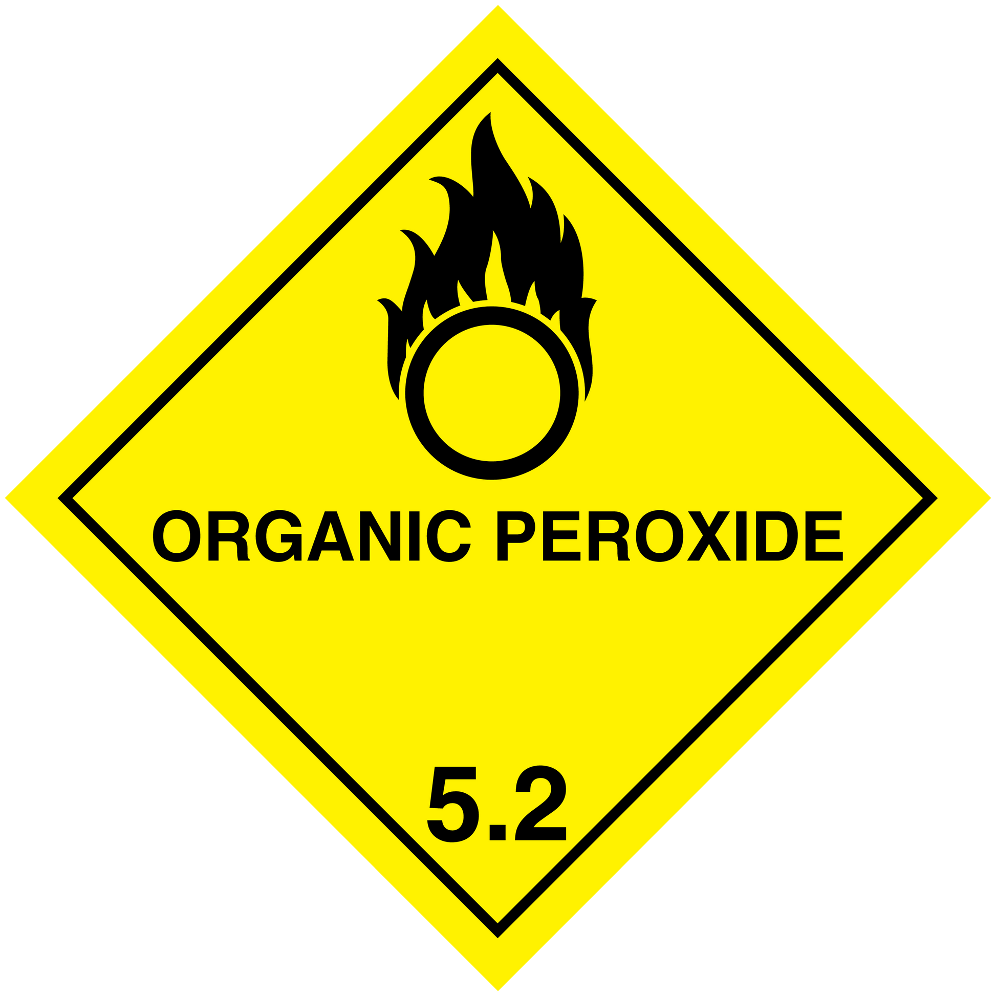 Organic peroxide hazardous safety sign sticker, yellow diamond with flame icon and 5.2 text