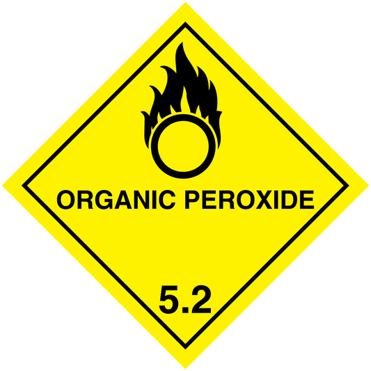 Organic peroxide hazardous safety sign sticker, yellow diamond with flame icon and 5.2 text
