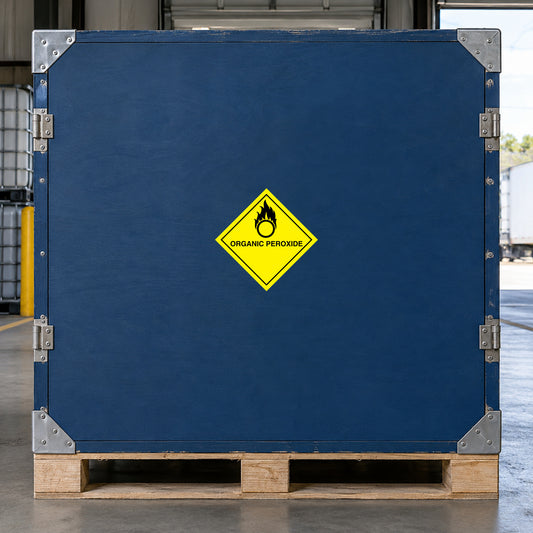 Hazard safety sign sticker with yellow diamond Organic Peroxide icon on blue surface