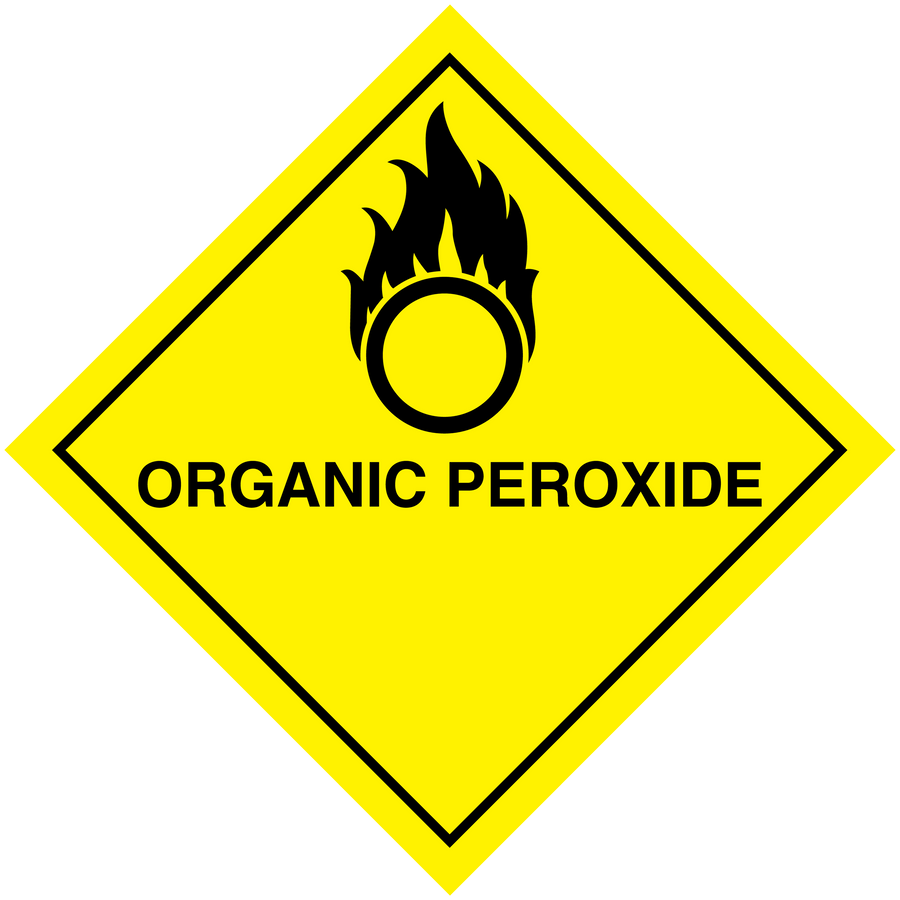 Organic peroxide hazard sign sticker, yellow diamond with flame icon and text