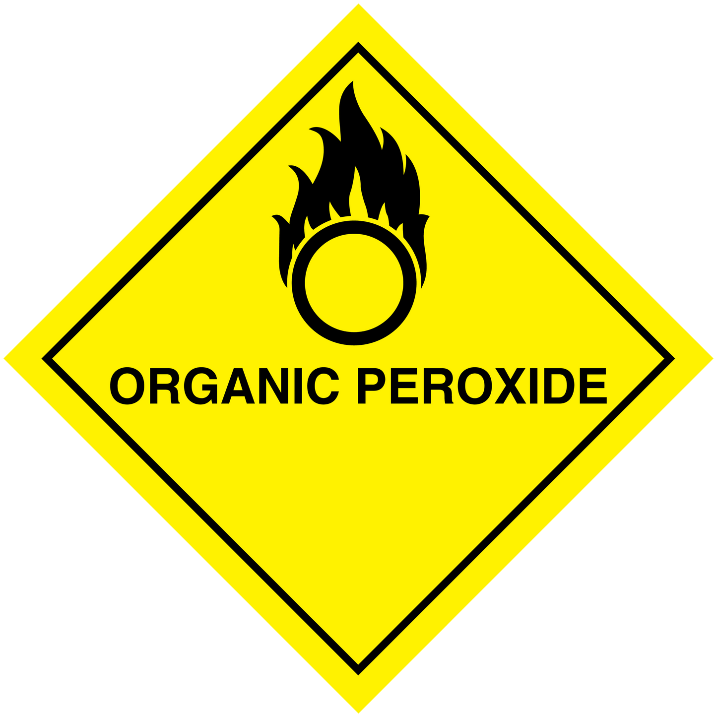 Organic peroxide hazard sign sticker, yellow diamond with flame icon and text