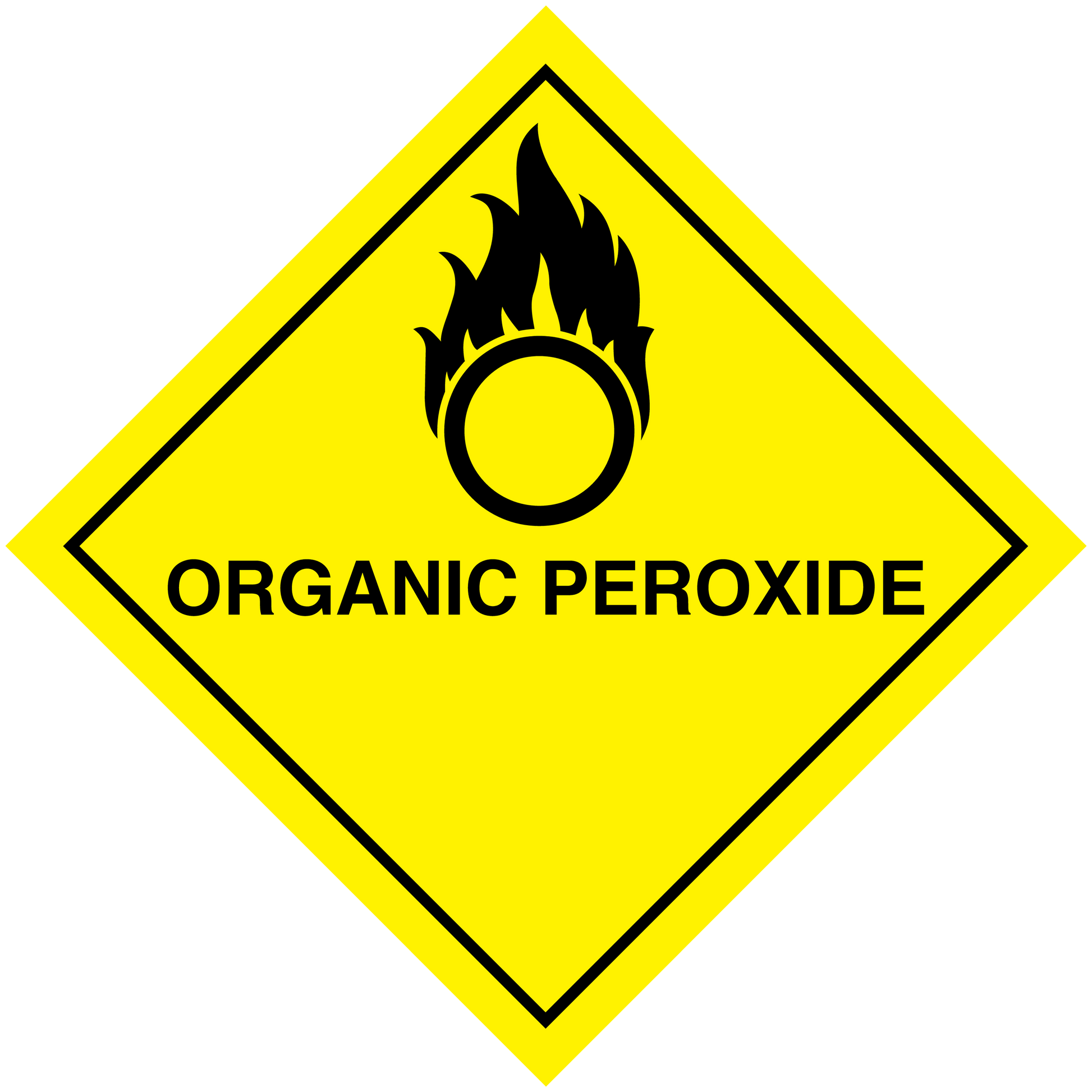 Organic peroxide hazard sign sticker, yellow diamond with flame icon and text