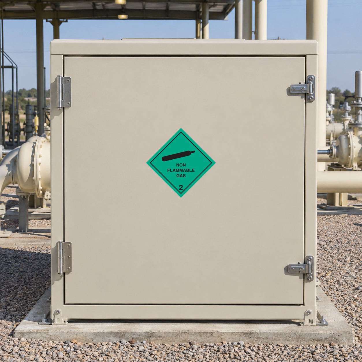Green diamond hazardous gas safety sticker on beige metal door: non flammable gas, class 2