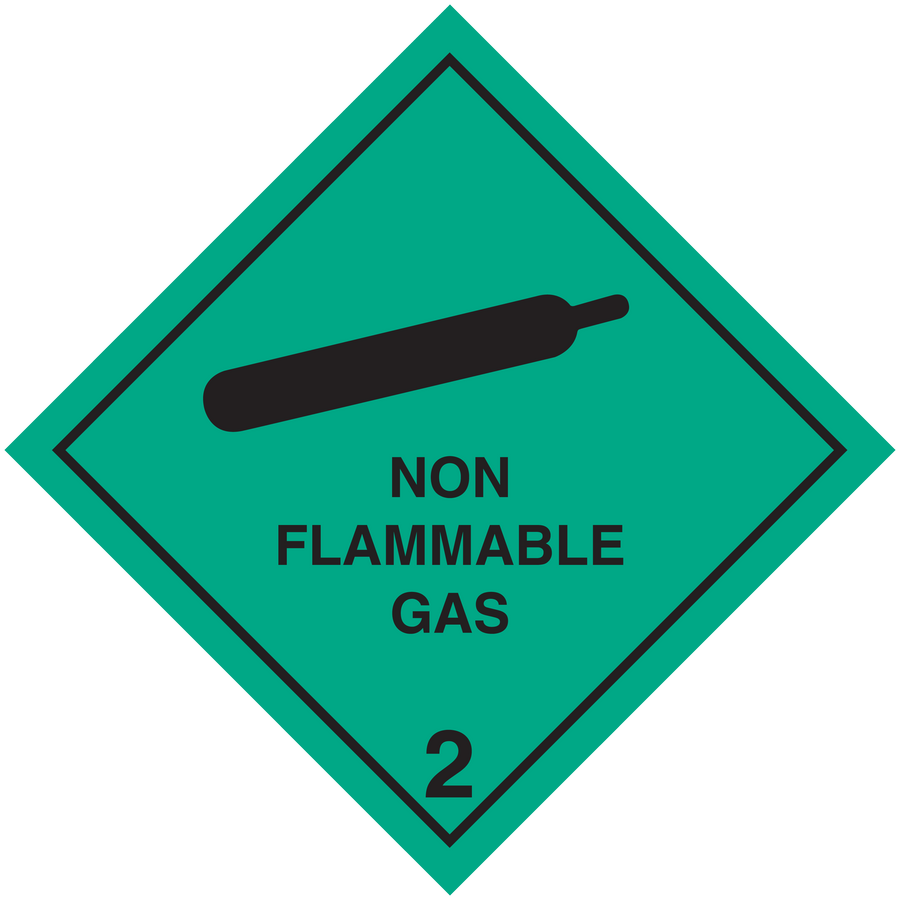 Non flammable gas hazard sign sticker, green diamond with no-flame icon and “2”.