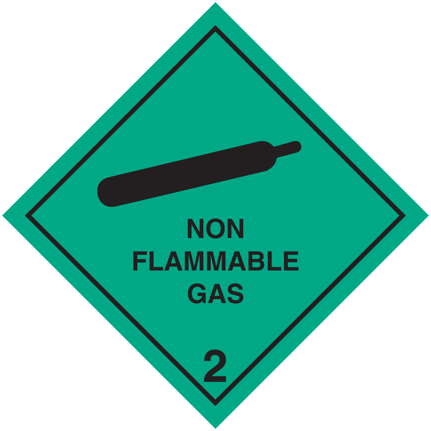Non flammable gas hazard sign sticker, green diamond with no-flame icon and “2”.