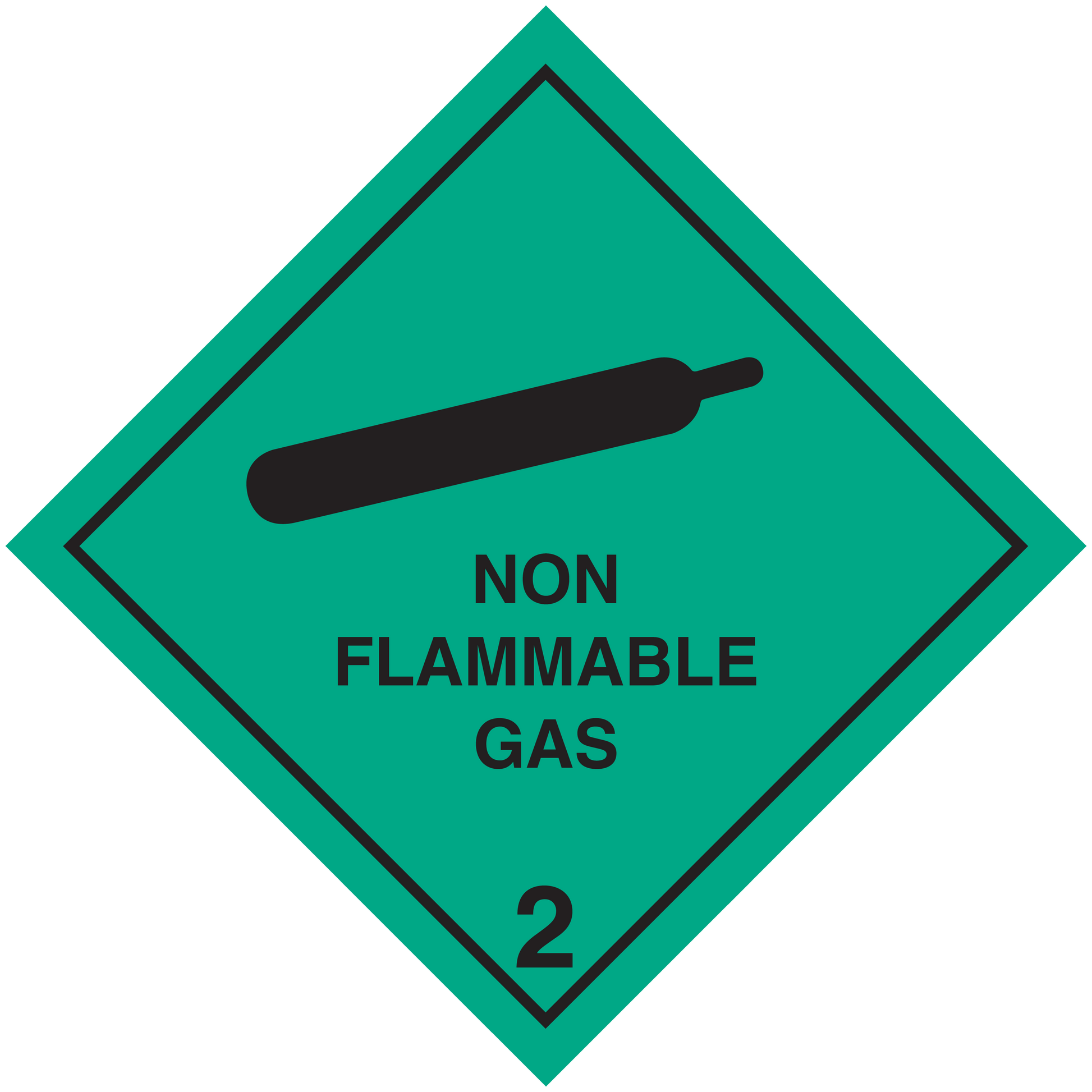 Non flammable gas hazard sign sticker, green diamond with no-flame icon and “2”.