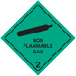 Non flammable gas hazard sign sticker, green diamond with no-flame icon and “2”.