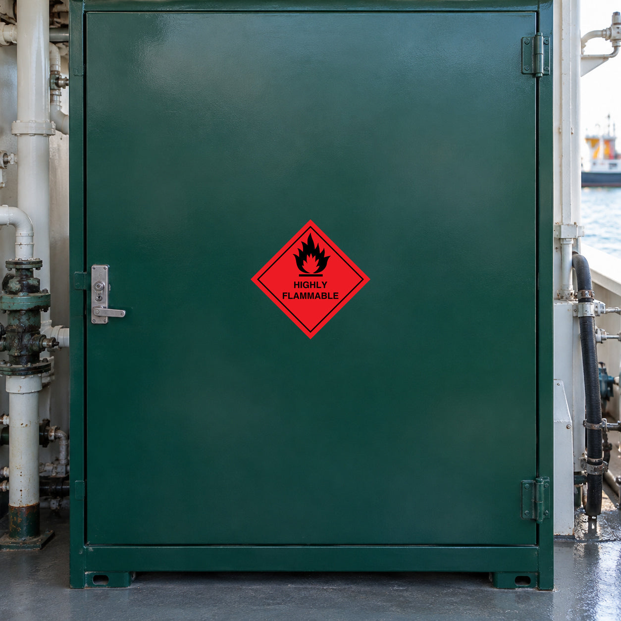 Hazardous Safety Sign Sticker applied in a marine maintenance solvent store, smooth deep green SINGLE-door steel cupboard, marine workshop pipes only at side edges