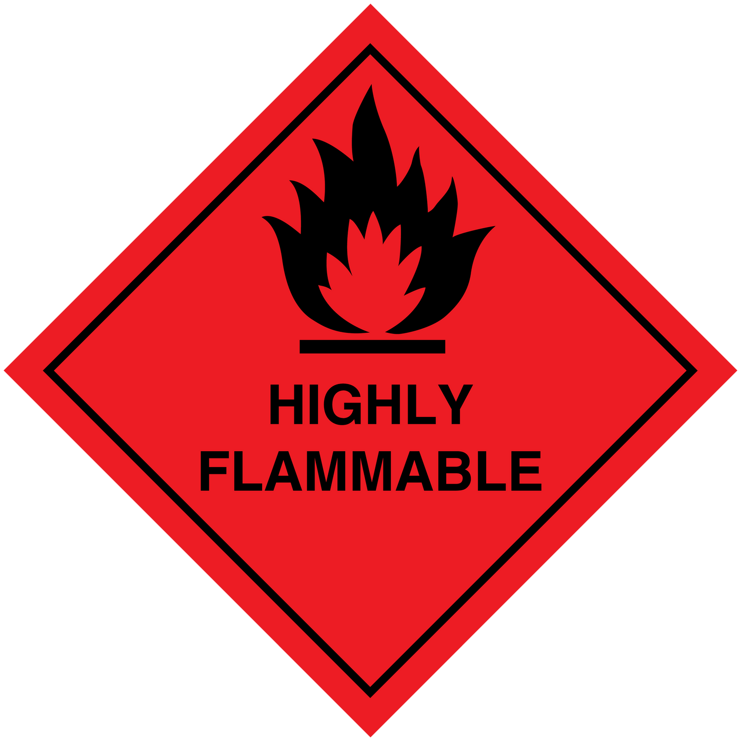 Highly flammable hazard sign sticker, red diamond with black flame and text