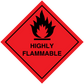 Highly flammable hazard sign sticker, red diamond with black flame and text