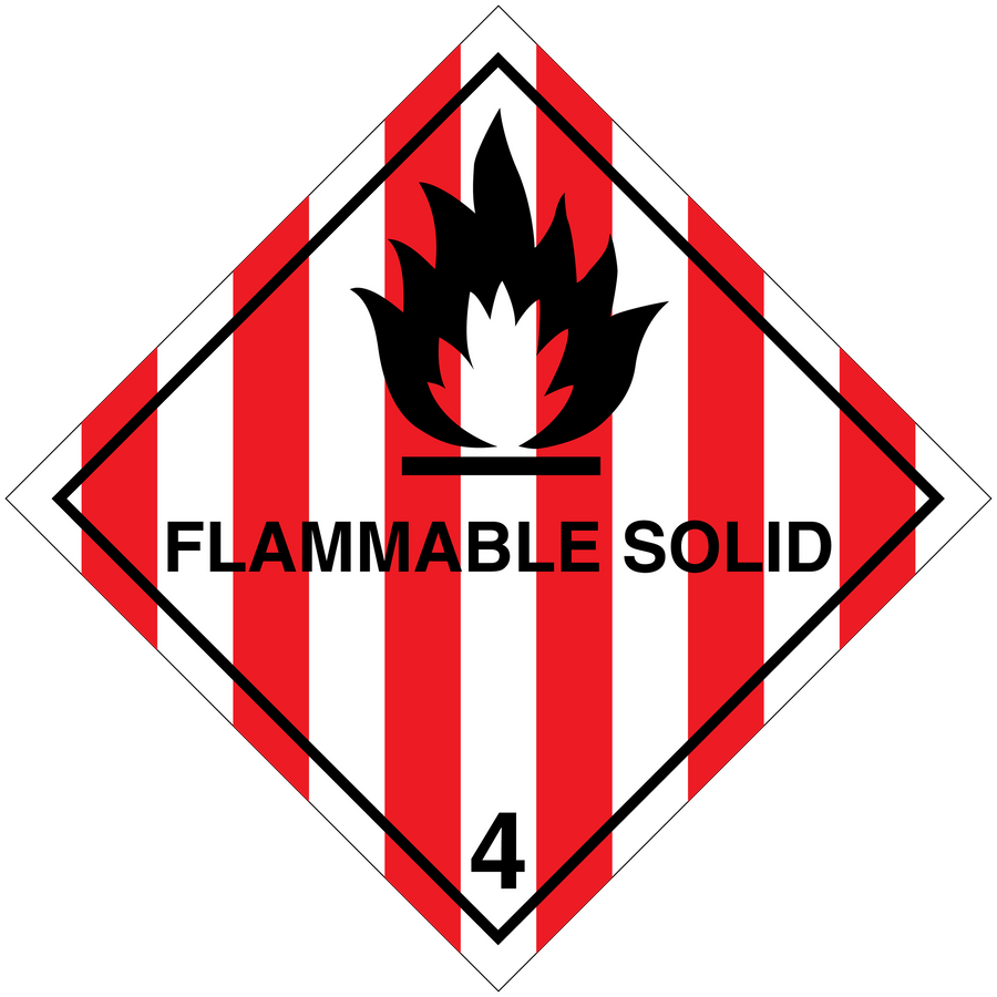 Flammable solid hazard sticker: flame icon, FLAMMABLE SOLID text, class 4