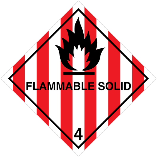 Flammable solid hazard sticker: flame icon, FLAMMABLE SOLID text, class 4