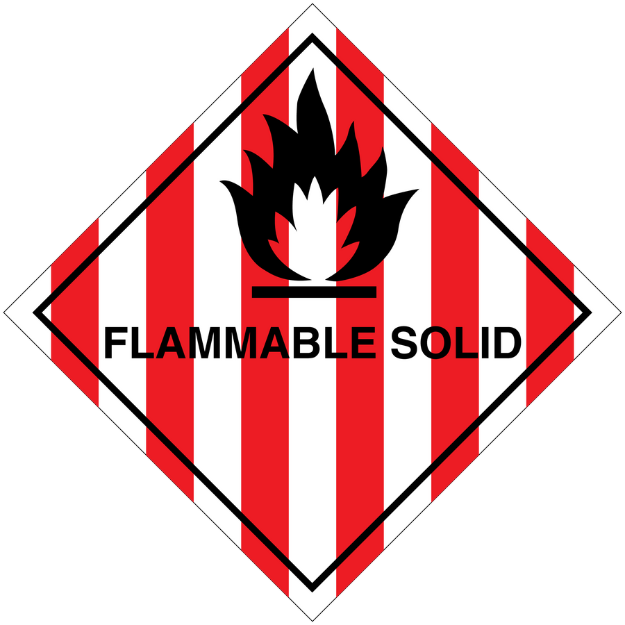 Flammable solid hazard sign sticker, red-and-white striped diamond with flame icon