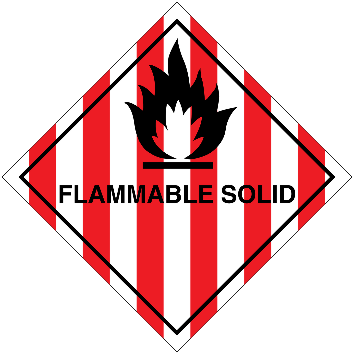 Flammable solid hazard sign sticker, red-and-white striped diamond with flame icon