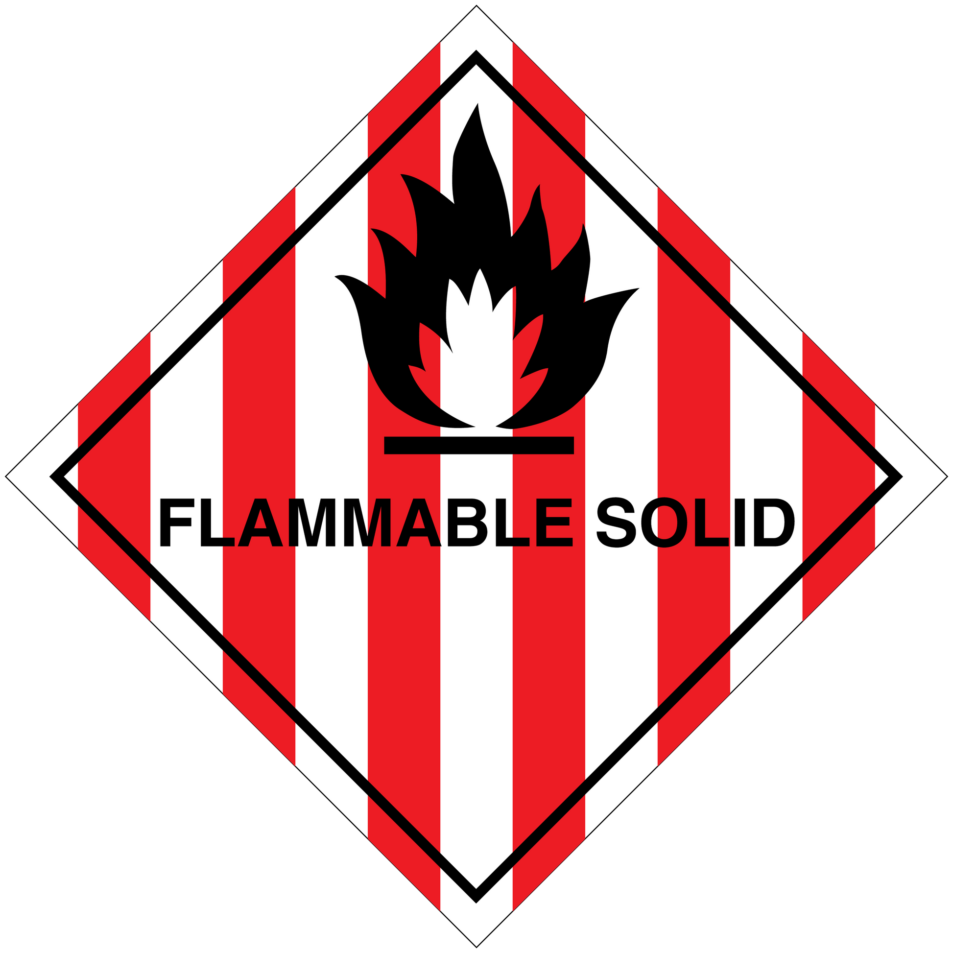 Flammable solid hazard sign sticker, red-and-white striped diamond with flame icon