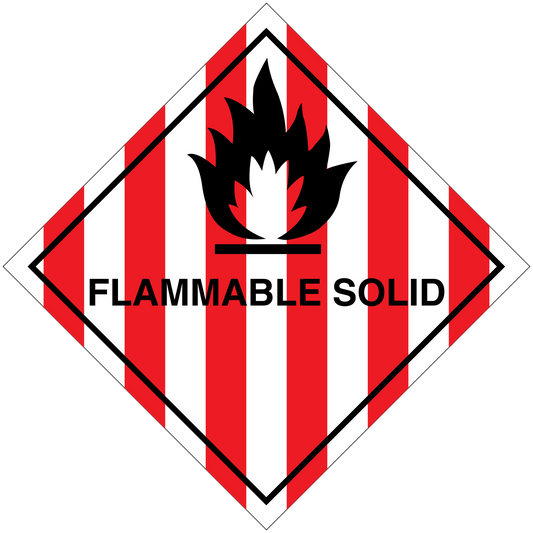 Flammable solid hazard sign sticker, red-and-white striped diamond with flame icon
