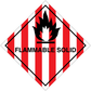 Flammable solid hazard sign sticker, red-and-white striped diamond with flame icon