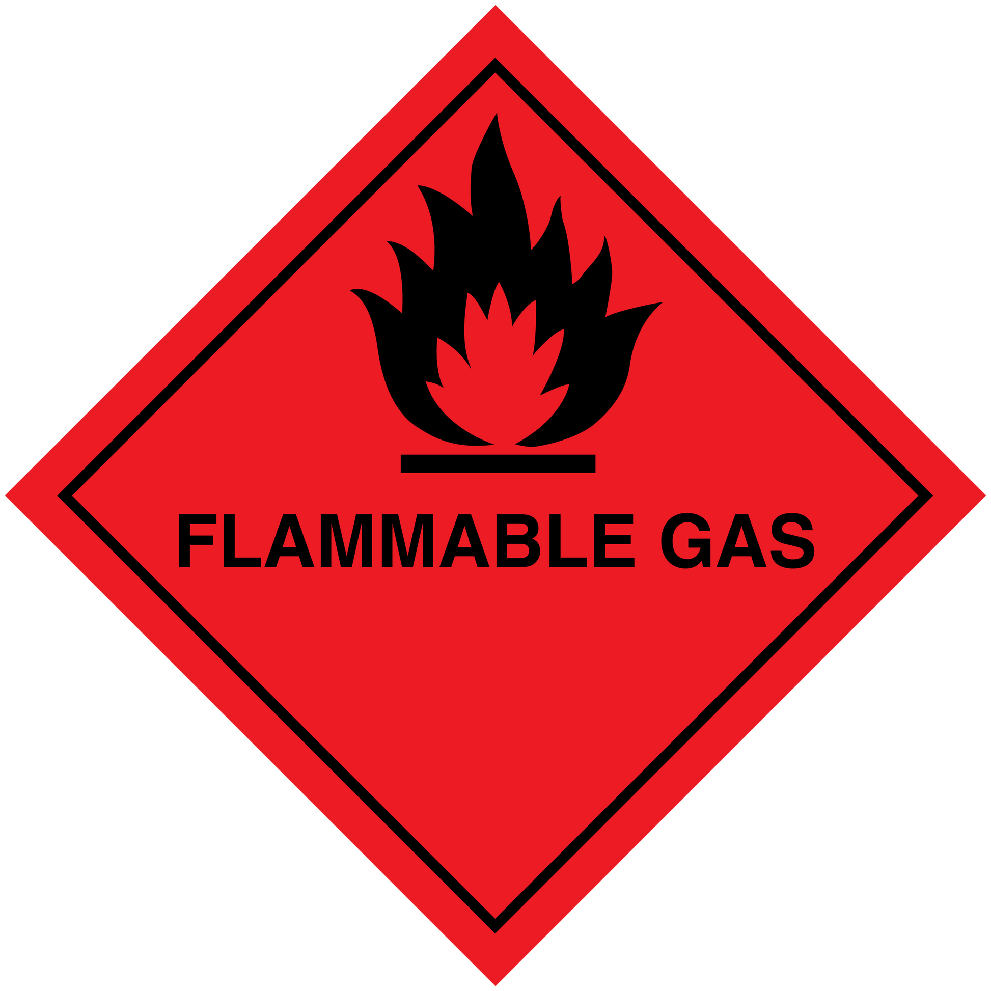 Flammable gas hazard sign sticker, red diamond with flame icon and black text