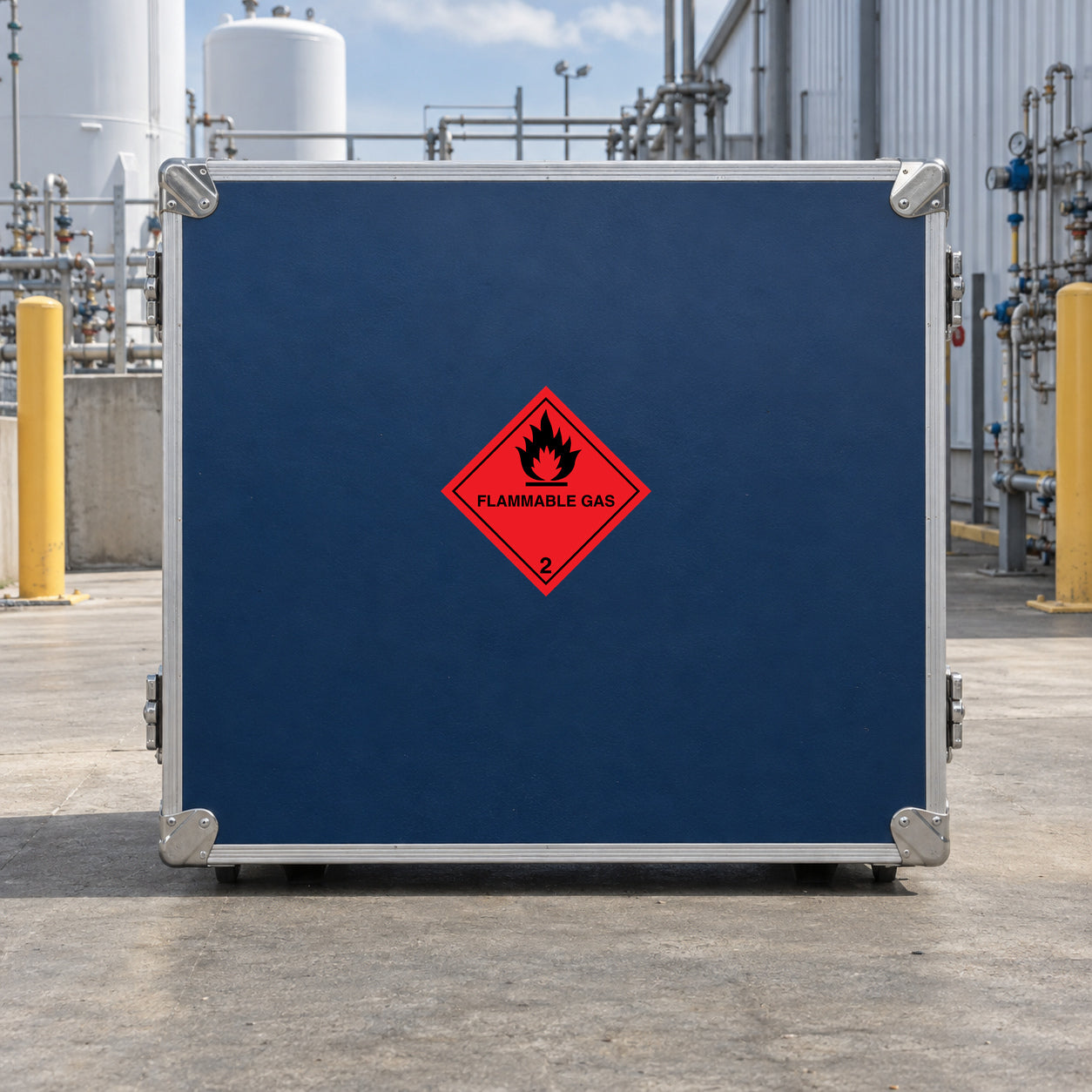 Hazard warning sign sticker with red flammable gas diamond and flame icon