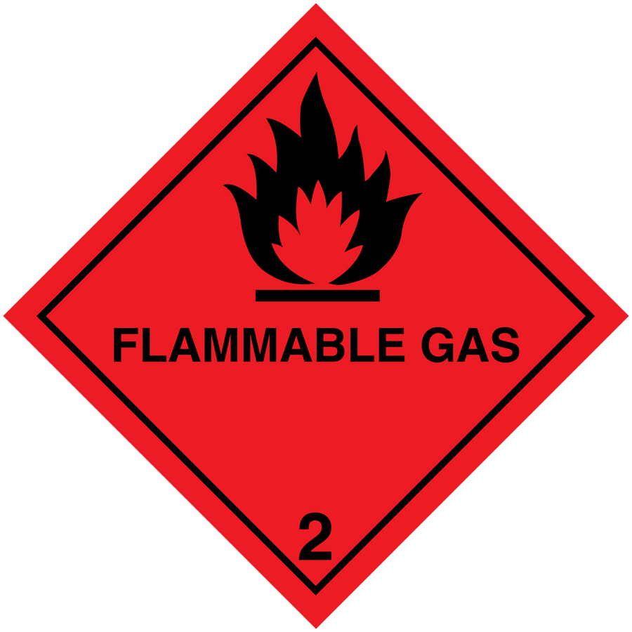 Flammable gas hazardous safety sign sticker, red diamond with black flame and “FLAMMABLE GAS 2”
