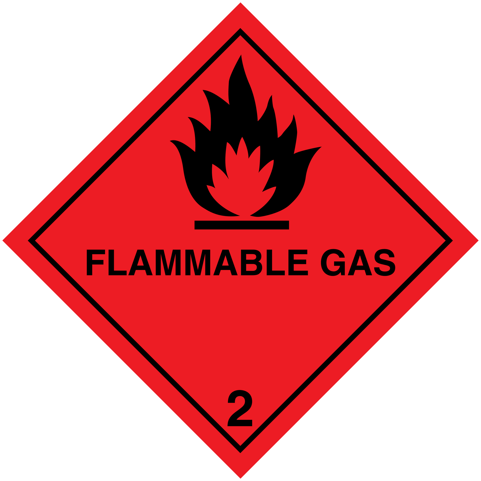 Flammable gas hazardous safety sign sticker, red diamond with black flame and “FLAMMABLE GAS 2”