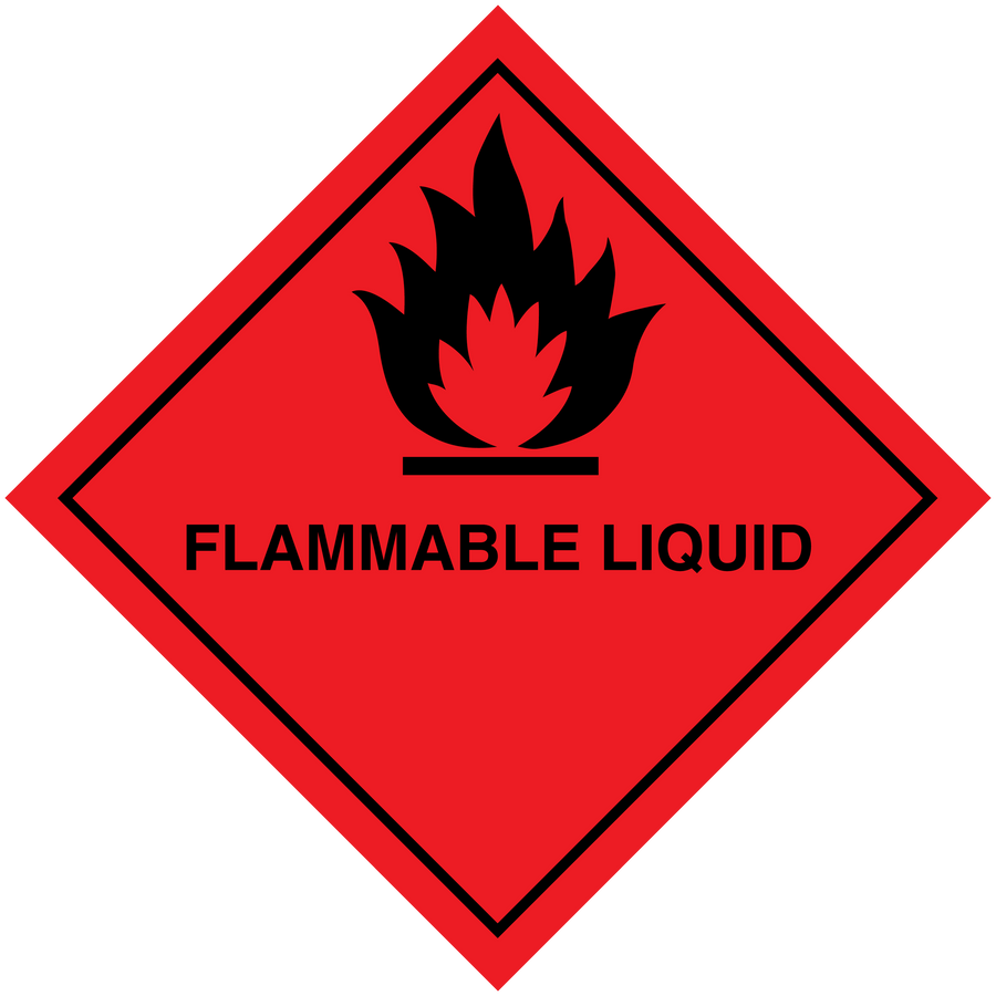 Red flammable liquid hazard sign sticker with black flame icon and warning text
