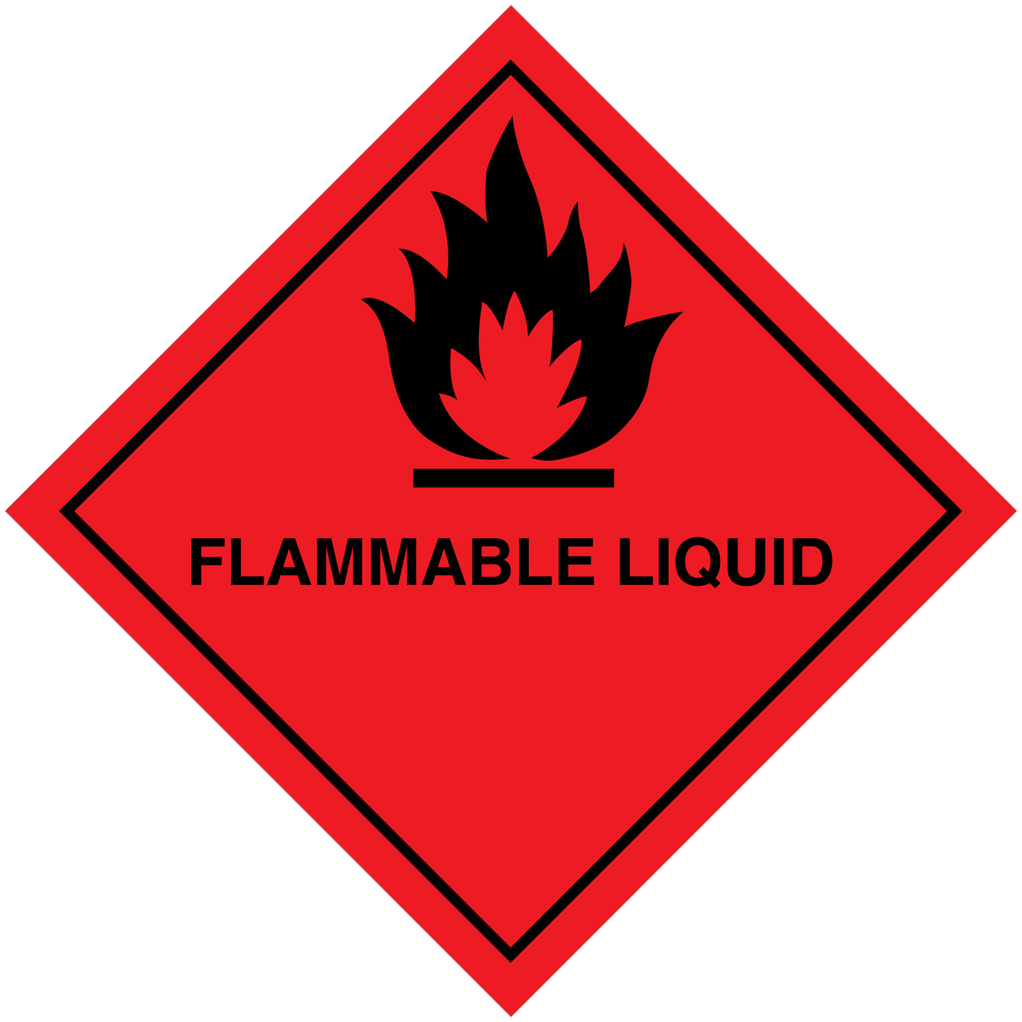 Red flammable liquid hazard sign sticker with black flame icon and warning text