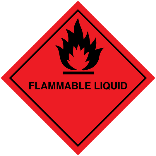Red flammable liquid hazard sign sticker with black flame icon and warning text