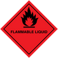 Red flammable liquid hazard sign sticker with black flame icon and warning text