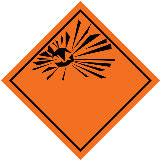 Orange hazardous sign sticker with black explosion symbol in diamond