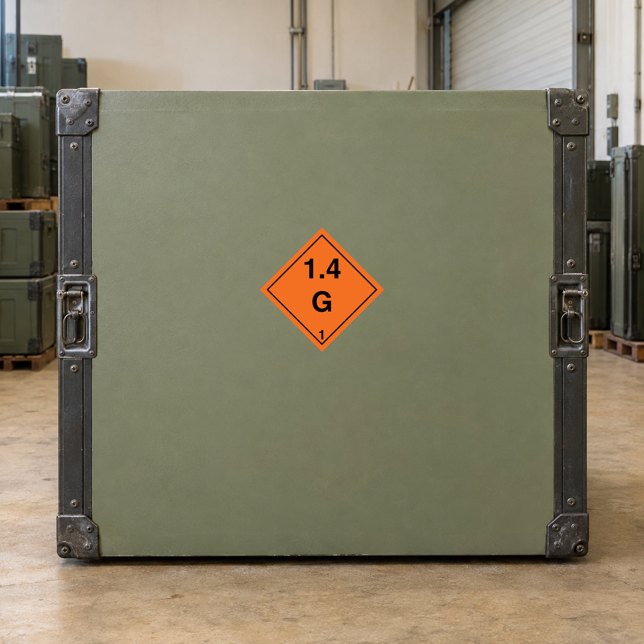 Orange diamond hazard sticker marked 1.4G on green panel