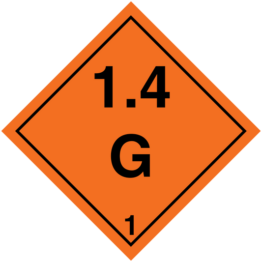 Orange hazardous safety sign sticker with black border and radiation symbol (1.4 G).