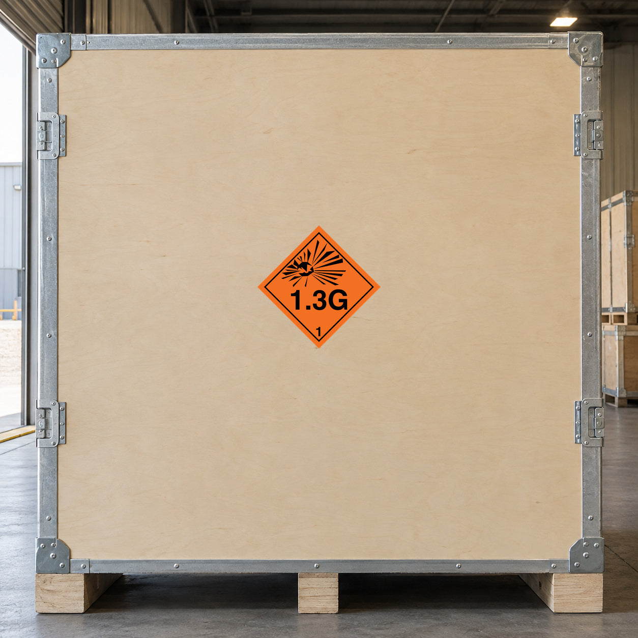 Hazard safety sign sticker with orange diamond warning and “1.3G” label