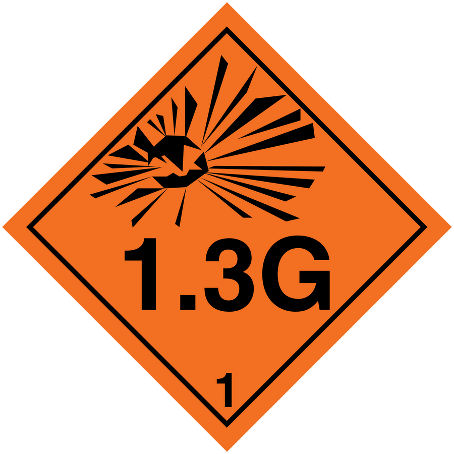 Orange hazardous sign sticker, diamond shape with explosion pictogram, “1.3G” and “1”