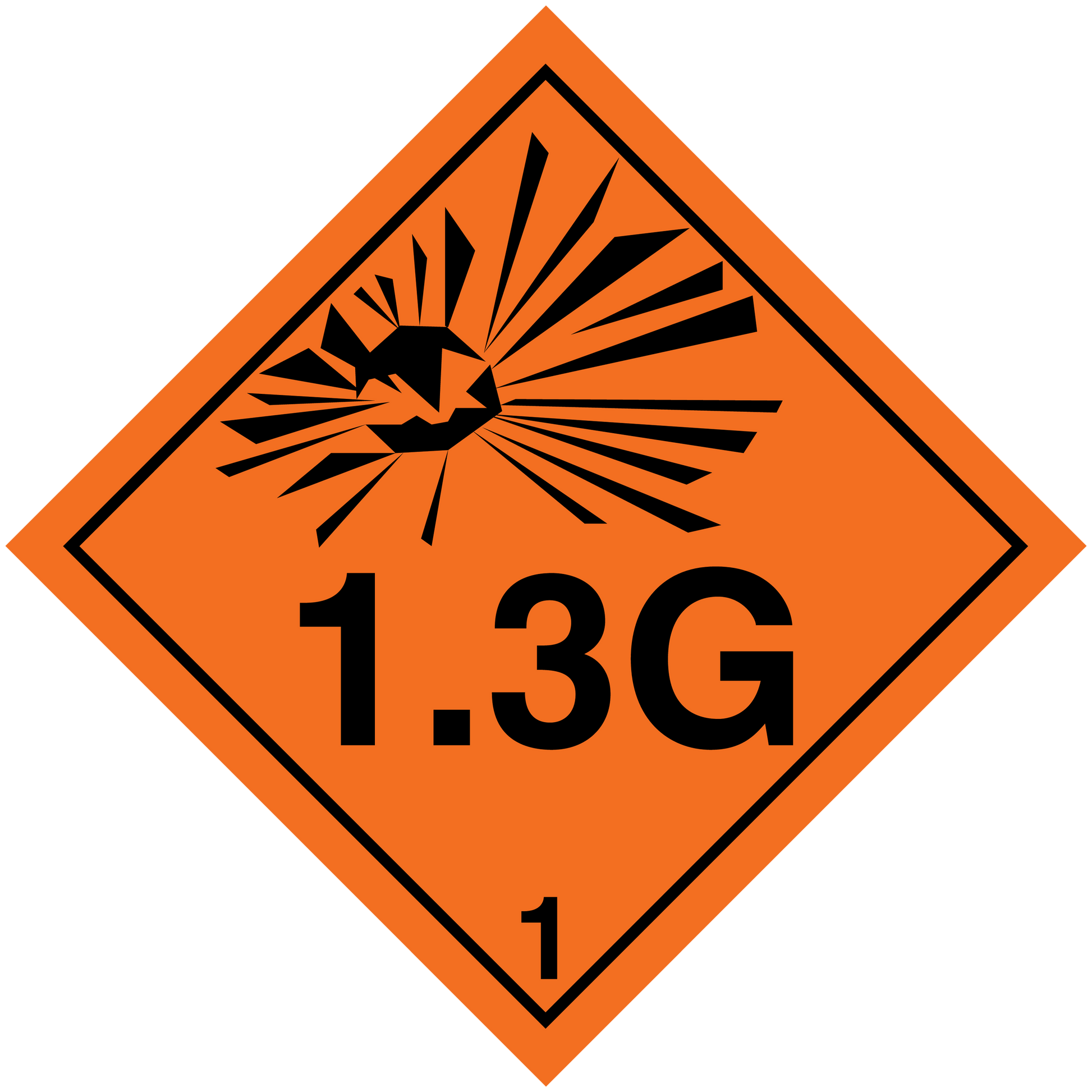 Orange hazardous sign sticker, diamond shape with explosion pictogram, “1.3G” and “1”