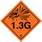 Orange hazardous sign sticker, diamond shape with explosion pictogram, “1.3G” and “1”